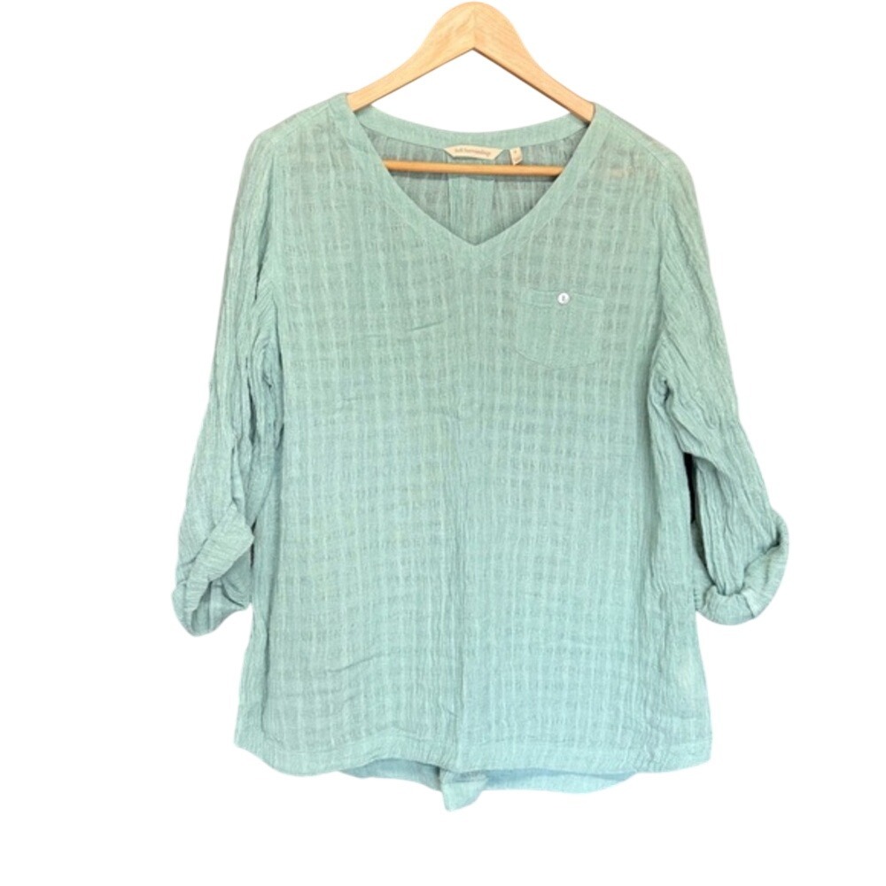 Soft Surroundings Sage Green Linen Blend Gauze V-Neck Roll Tab Sleeve Top S